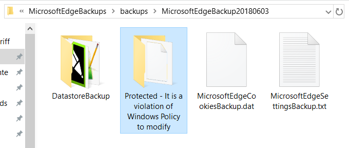 Windows Edge backup folder "Protected - It is a violation of Windows Policy to modify"