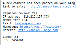 Screenshot of the spammer's test comment