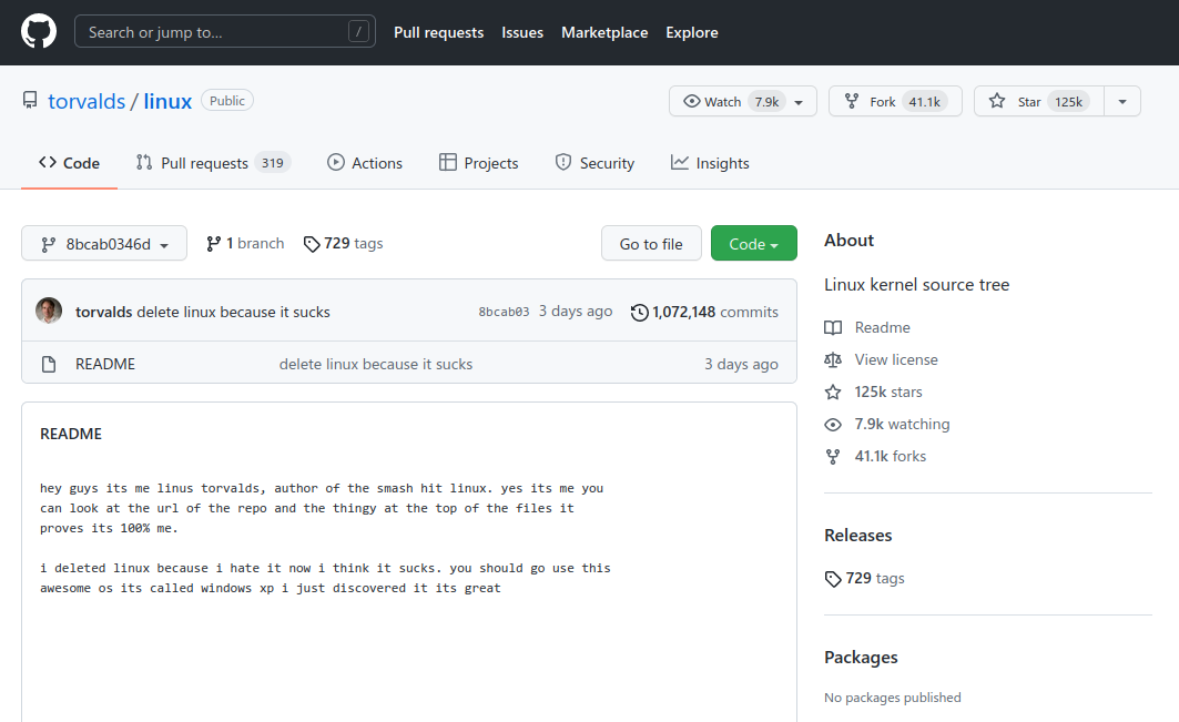 Fake commit to Linus Torvalds' kernel repo updating the README file and claiming to have deleted Linux