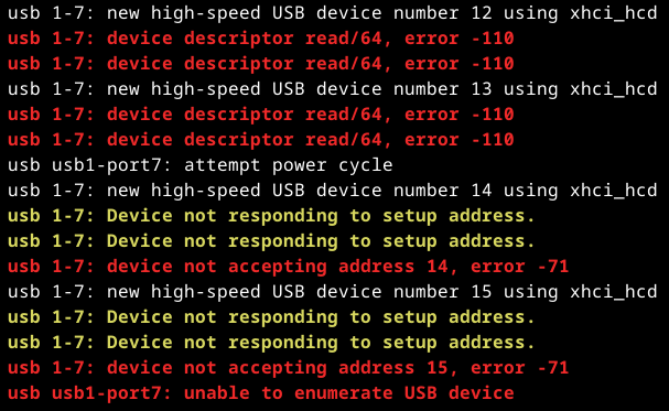 dmesg log excerpt showing USB error messages